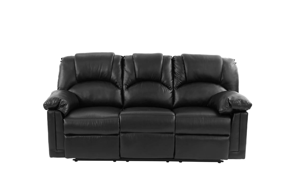 Black leather recliner sofa with plush cushioning and three seats
