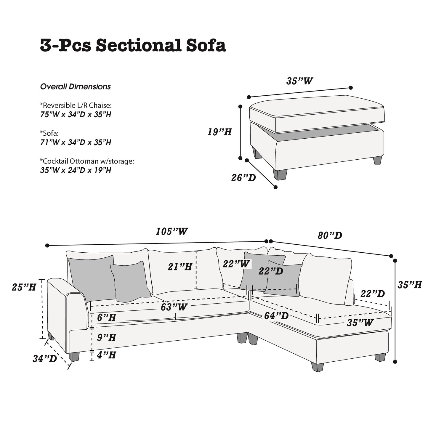 Diagram of a piece sectional sofa with dimensions including a cocktail ottoman with storage