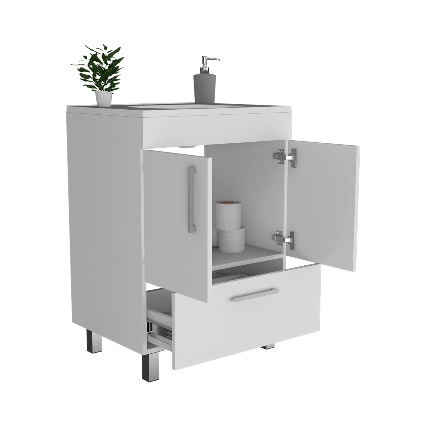 Modern white bathroom vanity with chrome legs open cabinet showing toilet paper