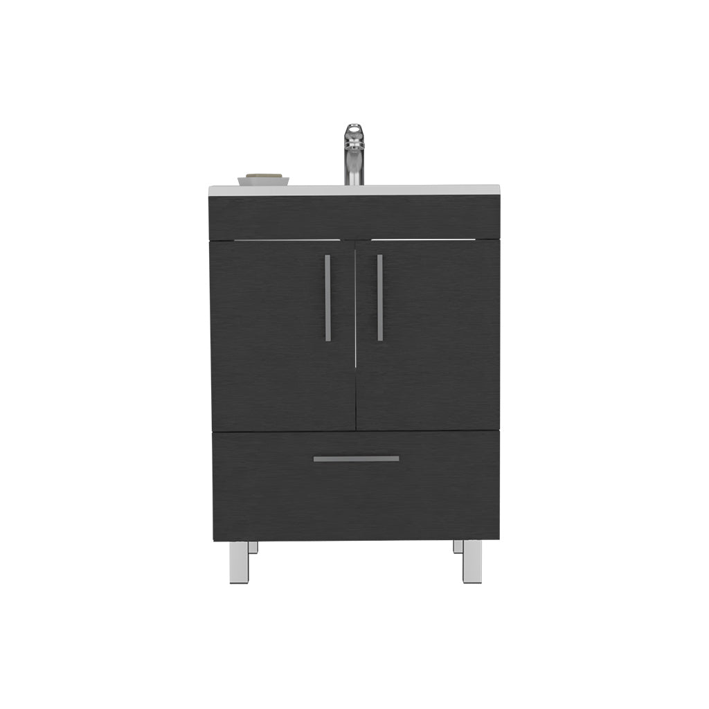 Dark gray wood veneer bathroom vanity with chrome faucet and drawer
