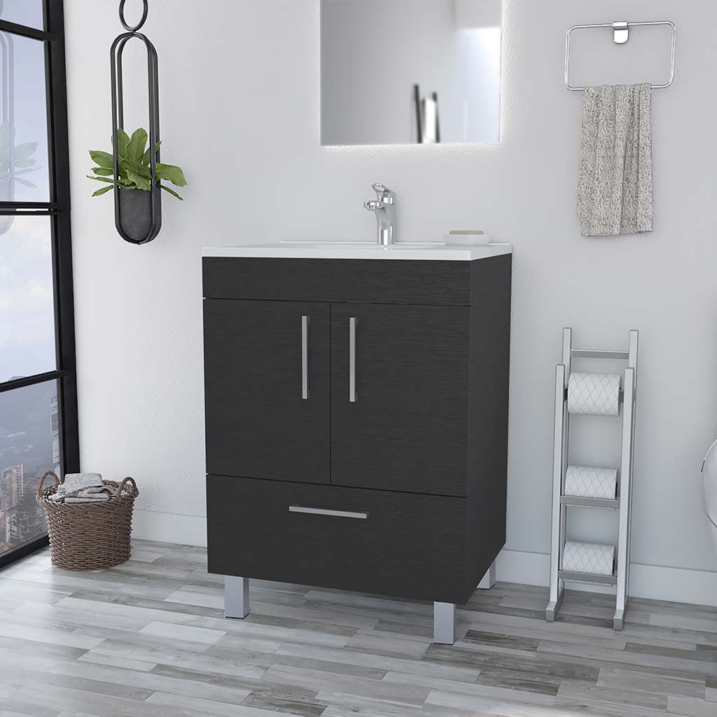 Dark oak bathroom vanity with modern silver hardware and integrated sink