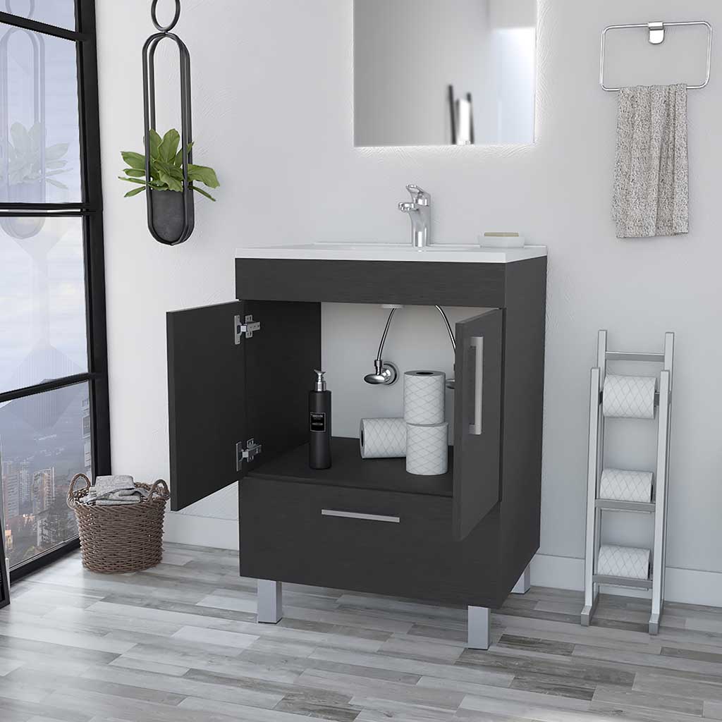 Modern dark gray single vanity with open cabinet revealing soap and toilet paper rolls