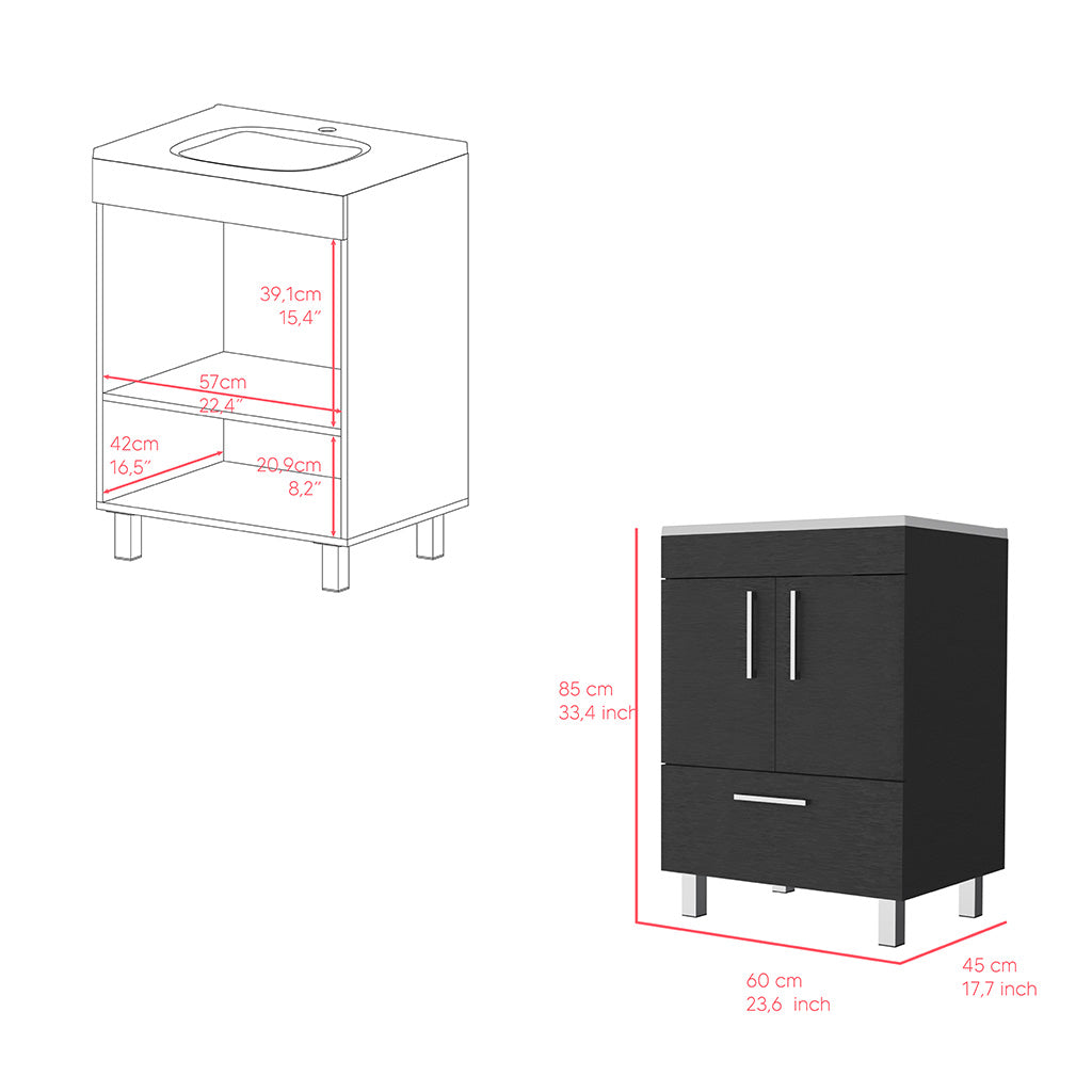 Dark wood bathroom vanity with two doors and one drawer modern design