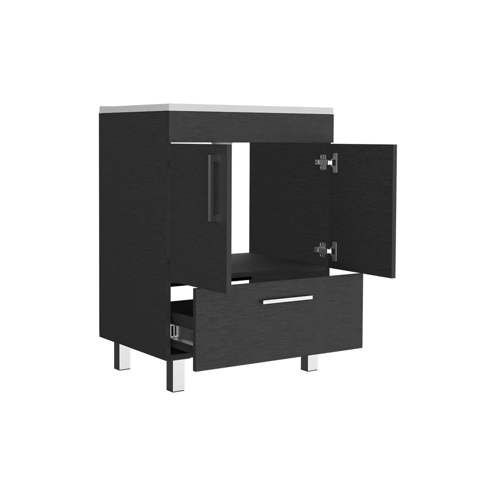 Dark oak bathroom vanity with open doors and drawer modern design for small spaces