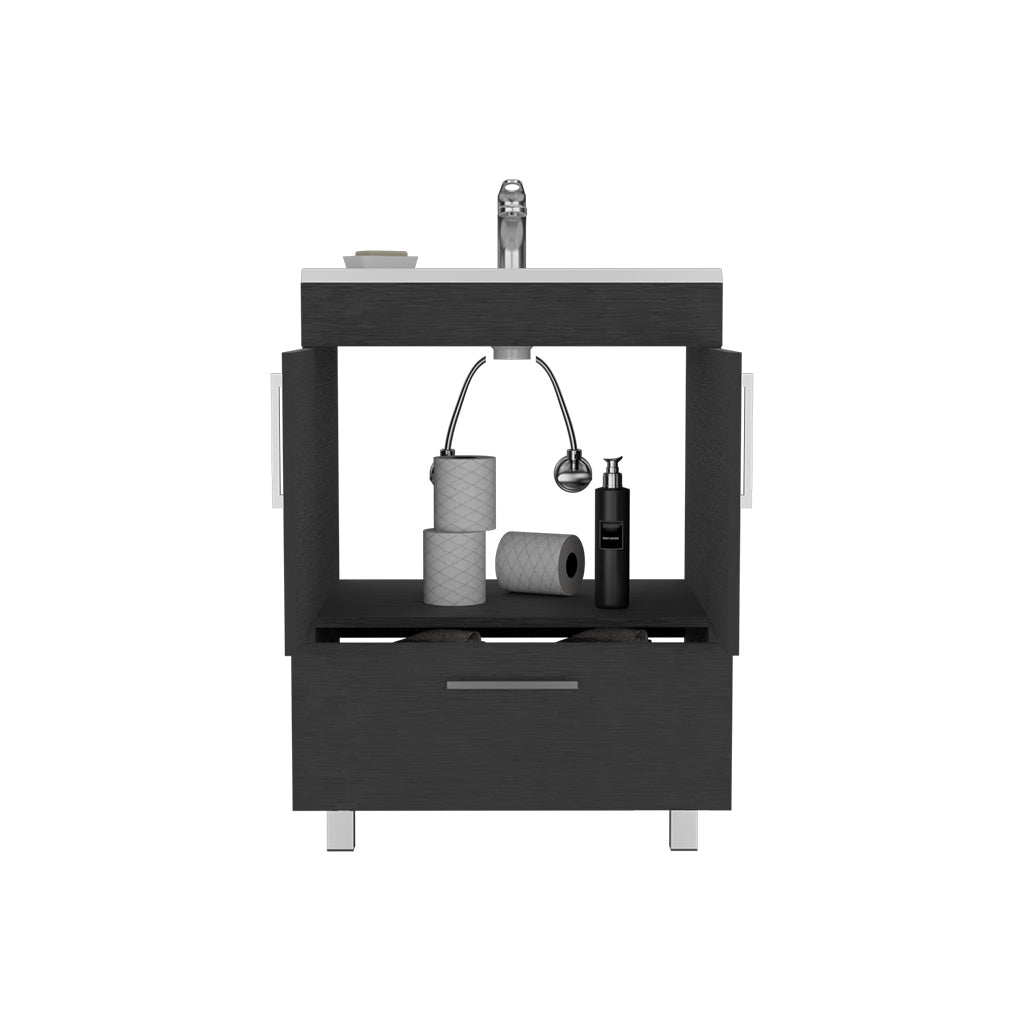 Modern dark wood bathroom vanity with chrome faucet and accessories