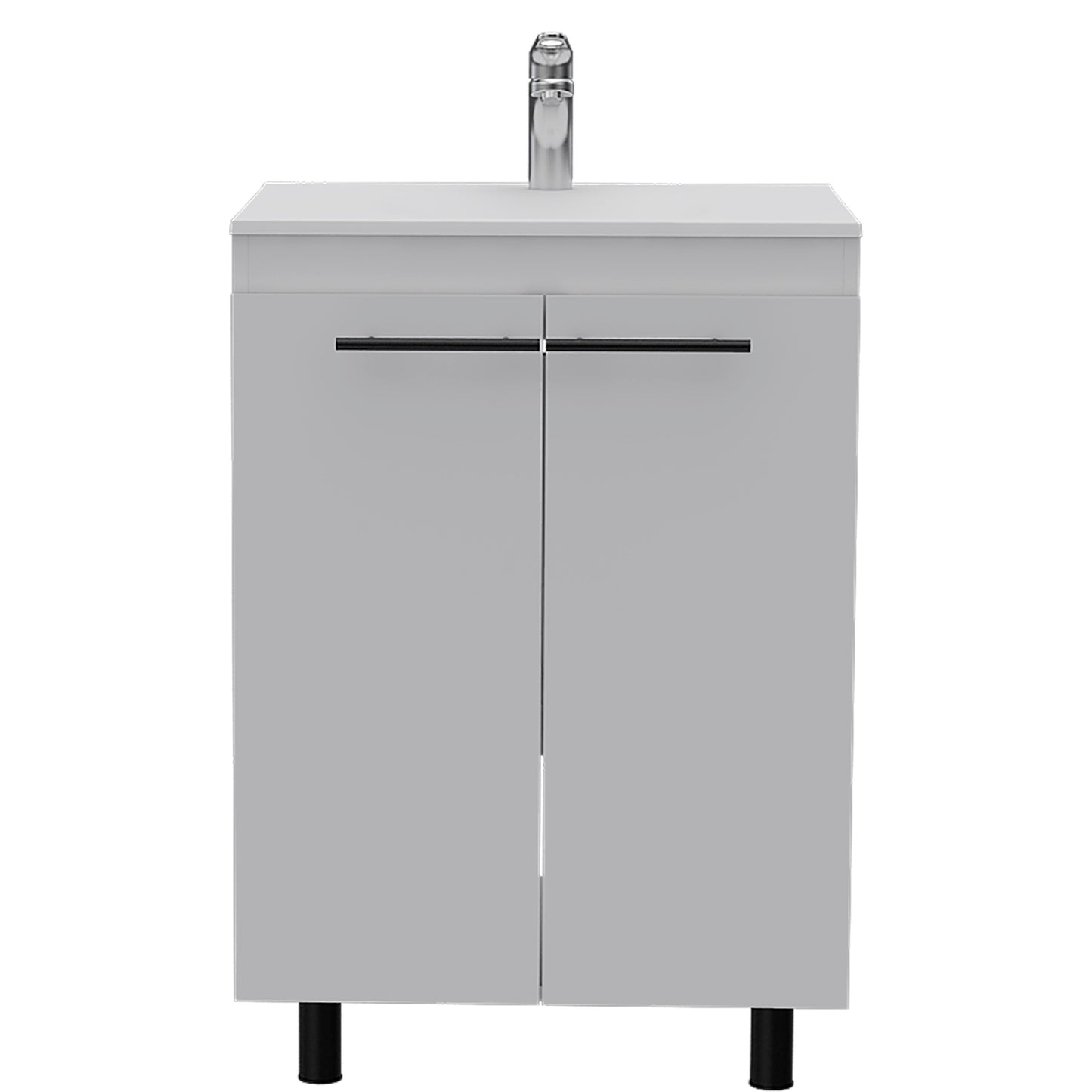 Modern gray vanity with chrome faucet and black handles