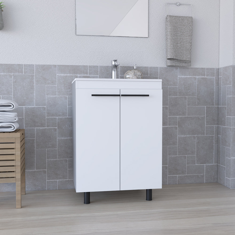 White modern vanity with dual doors and black minimalist hardware perfect for small bathrooms
