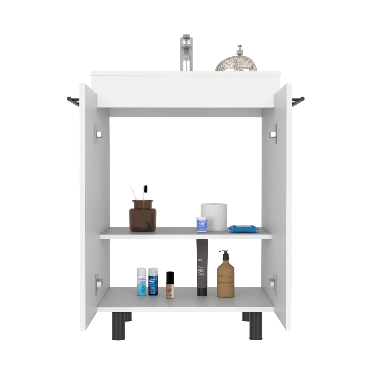 Modern white bathroom vanity with open shelves displaying toiletries