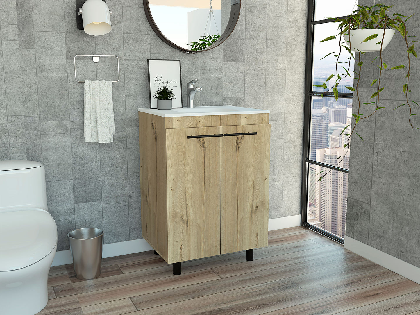 Light oak bathroom vanity with double doors and black handles