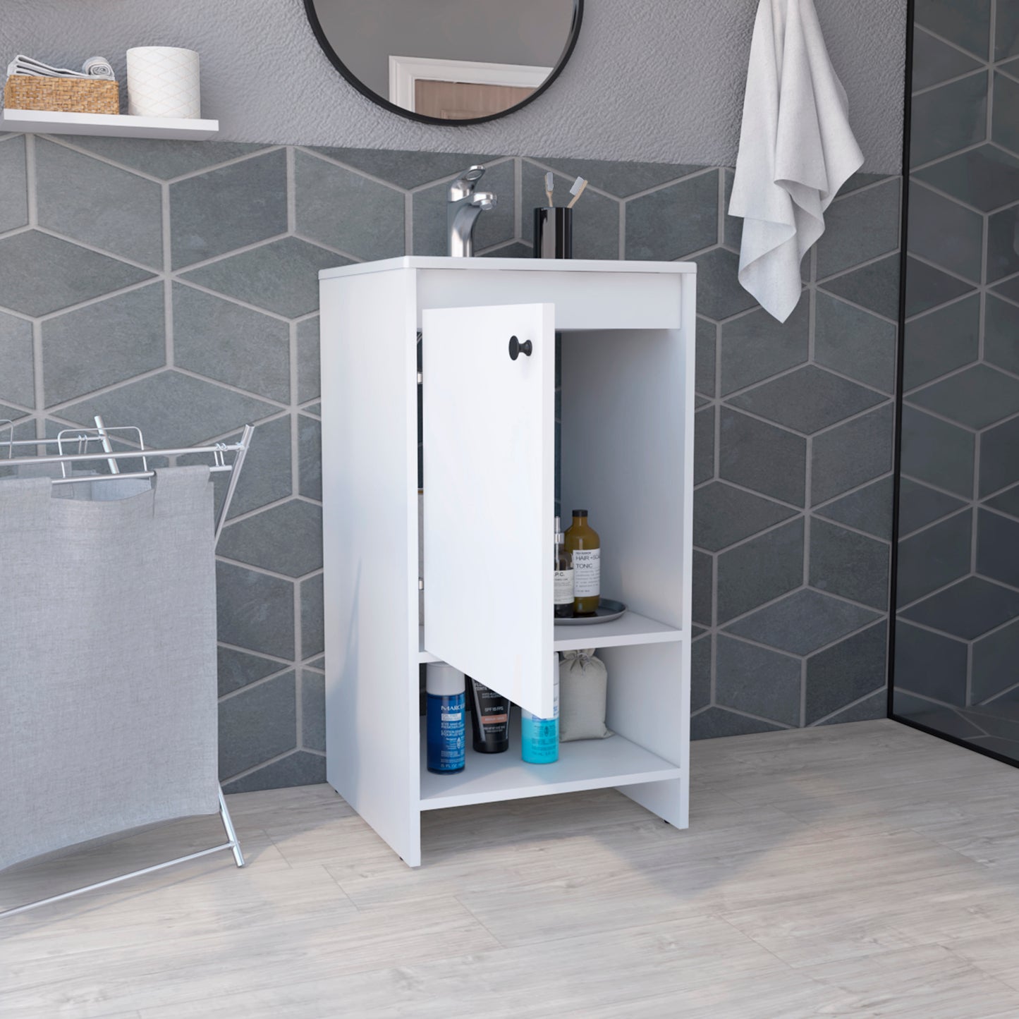 Compact white bathroom vanity with open shelf and single door ideal for small spaces