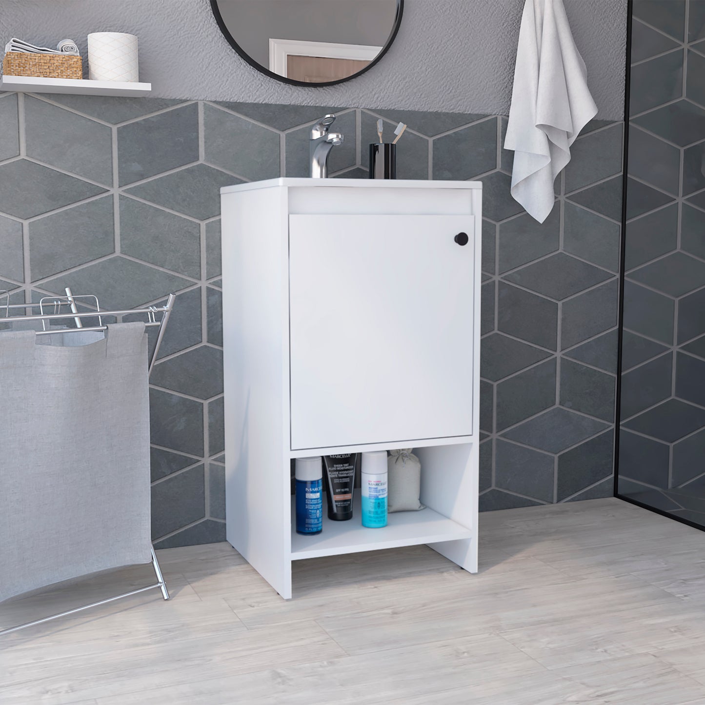 White minimalist bathroom vanity cabinet with open shelf storing toiletries