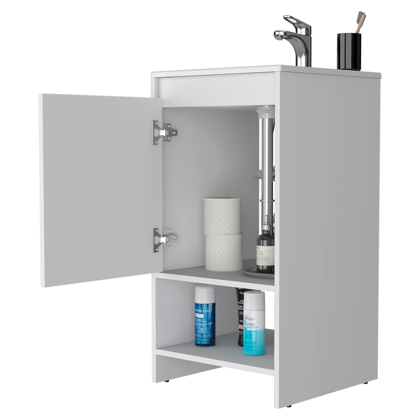 Modern white bathroom vanity cabinet with open door showing storage shelves with toiletries