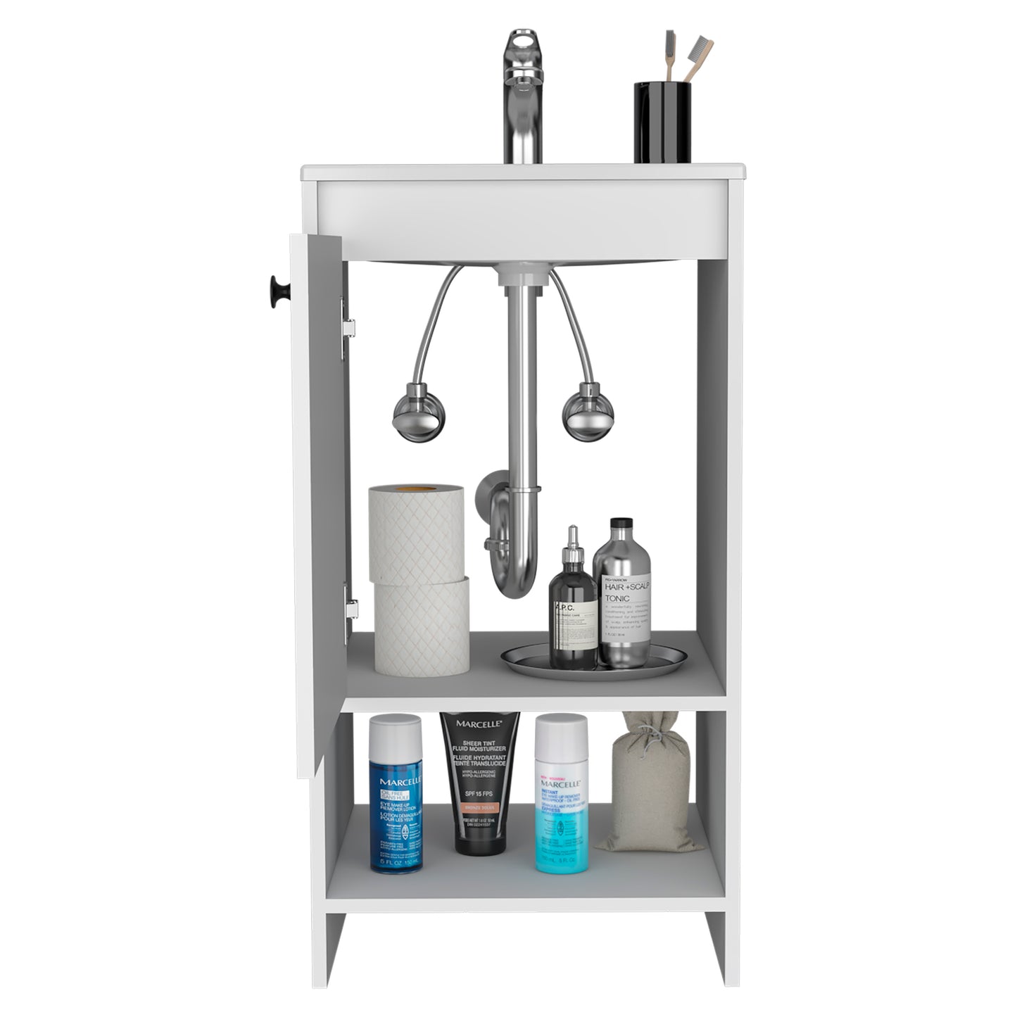 White bathroom vanity with chrome faucet and organized storage