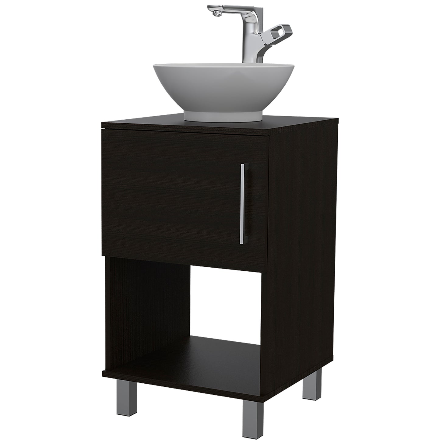 Dark wood vanity with a gray basin sink and chrome faucet offering bathroom storage