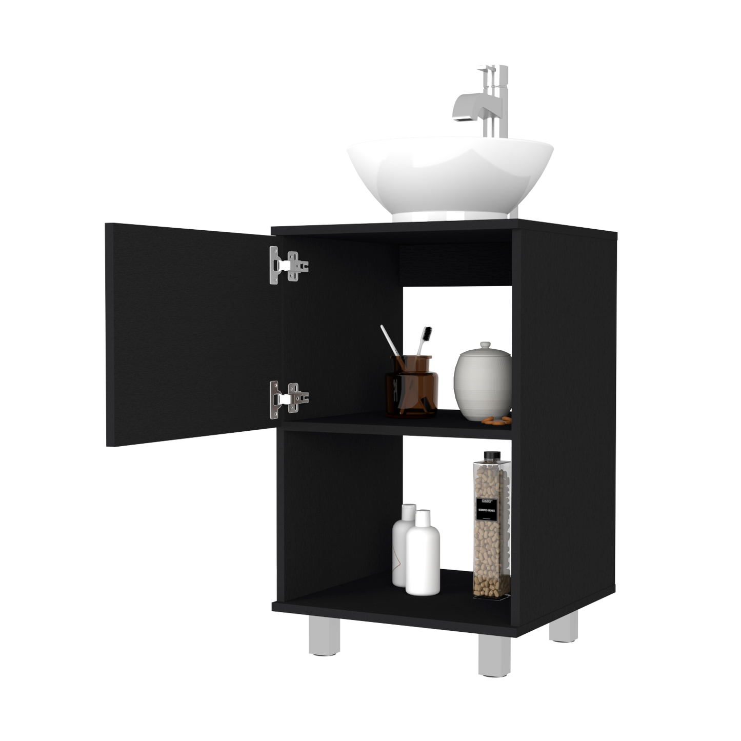 Black modern vanity cabinet with open door and vessel sink on top