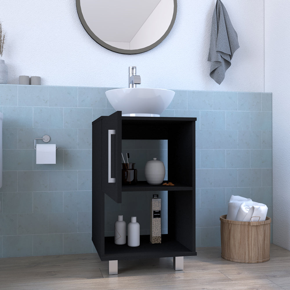 Black bathroom vanity with open shelf and storage cabinet modern design