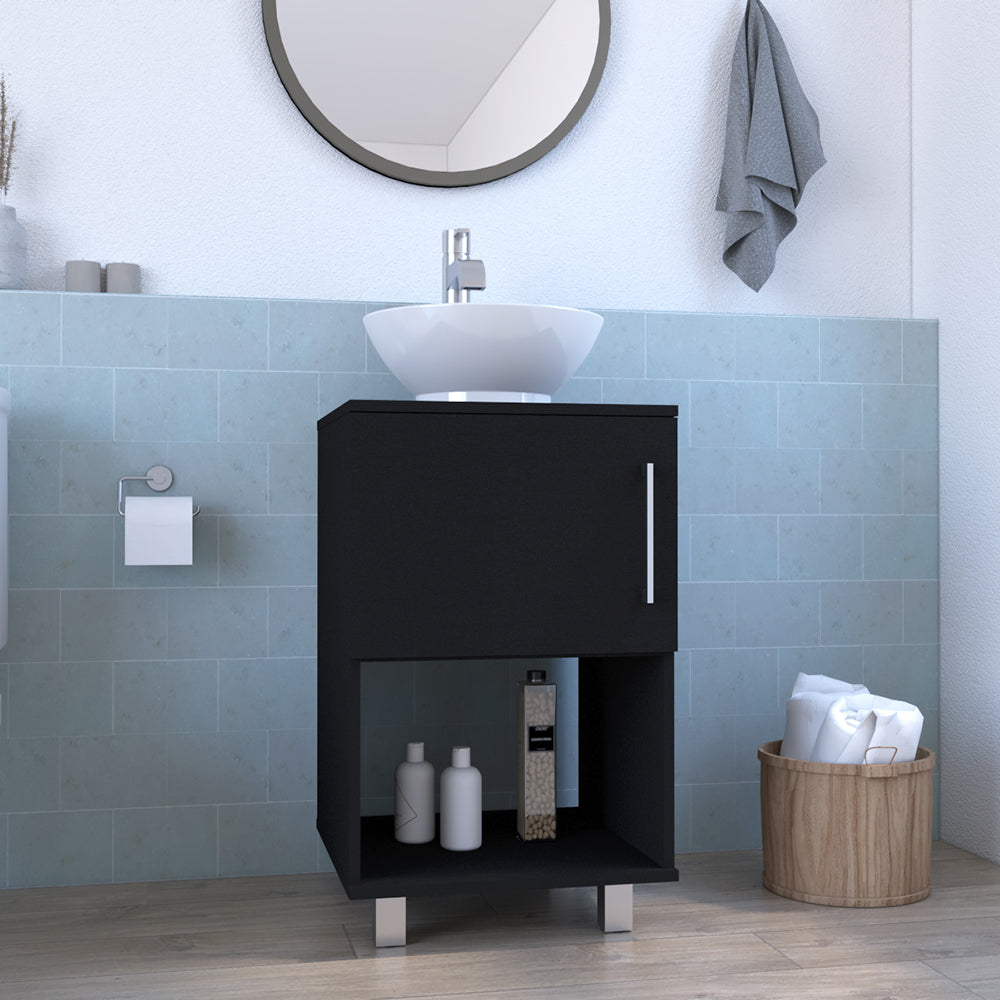 Black modern bathroom vanity with white vessel sink and open shelf storage