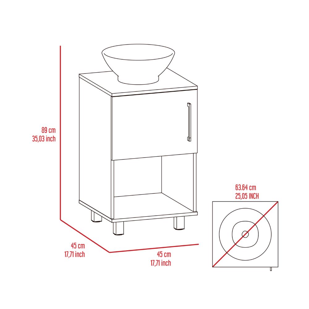 White ceramic vessel sink on a modern white bathroom vanity with open shelving