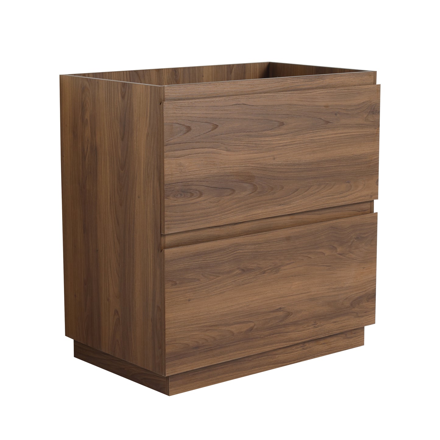 Modern walnut veneer twodrawer cabinet with clean lines and a minimalist base