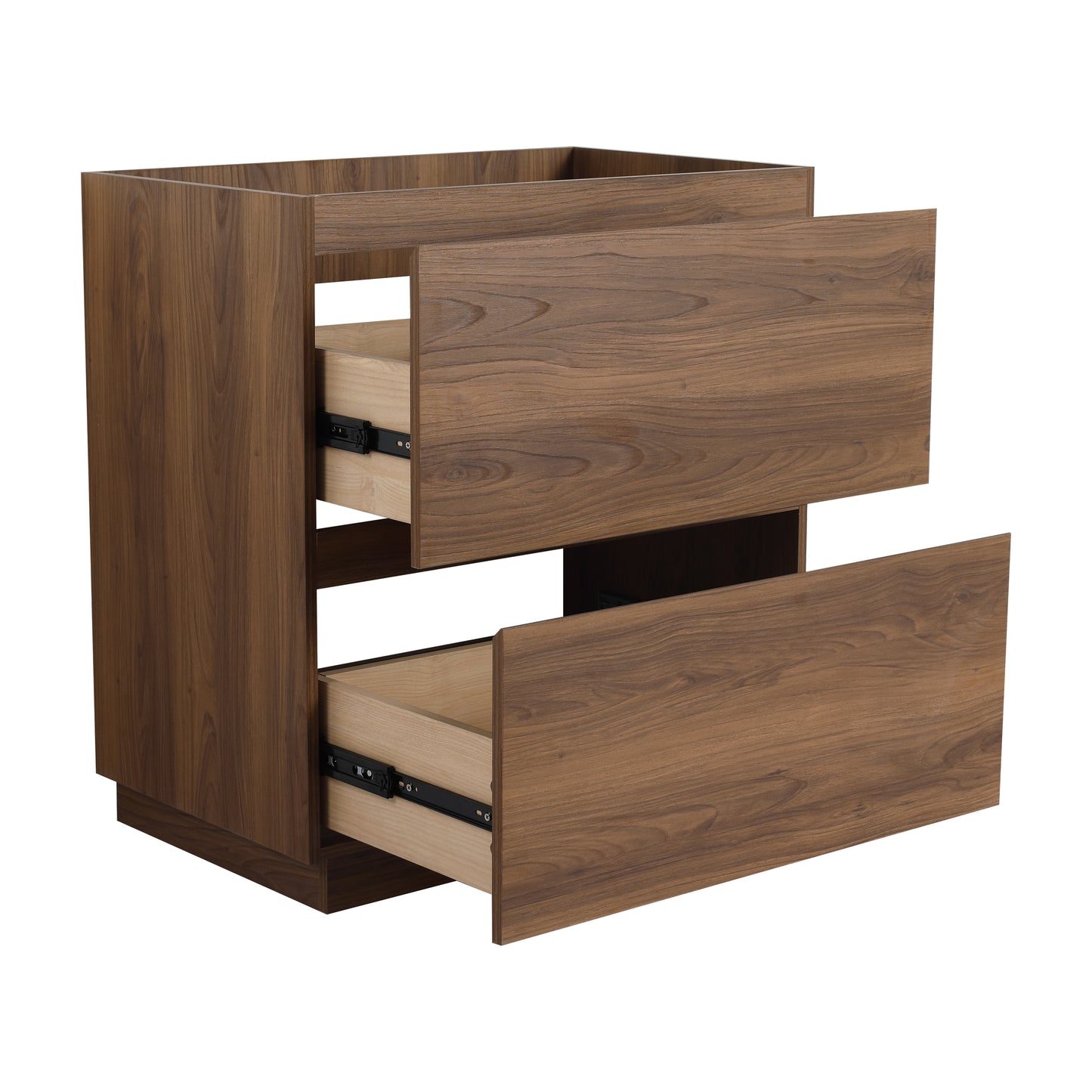 Modern walnut veneer dresser with two open drawers and metal slides