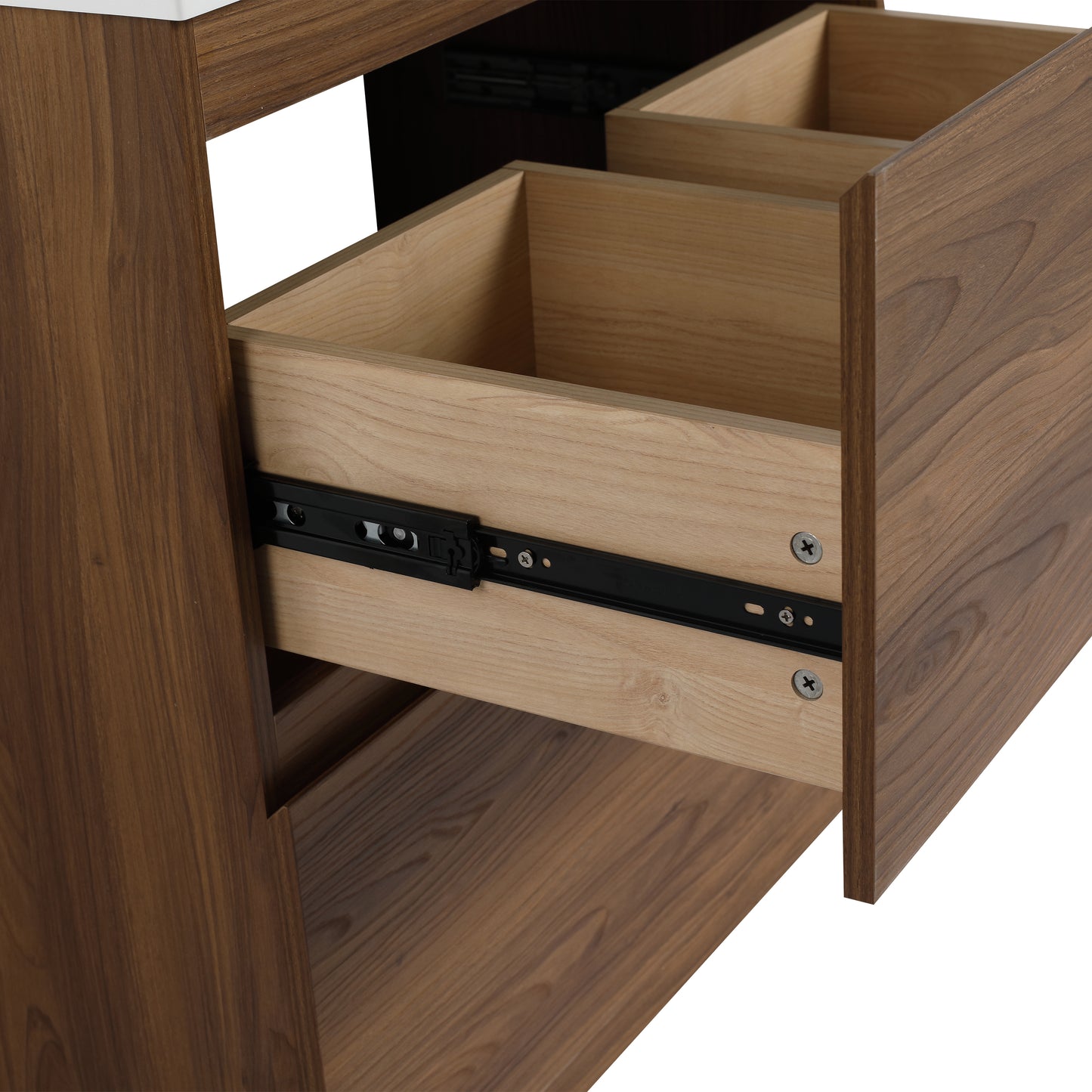 Dark walnut veneer dresser with two open drawers revealing light wood interiors