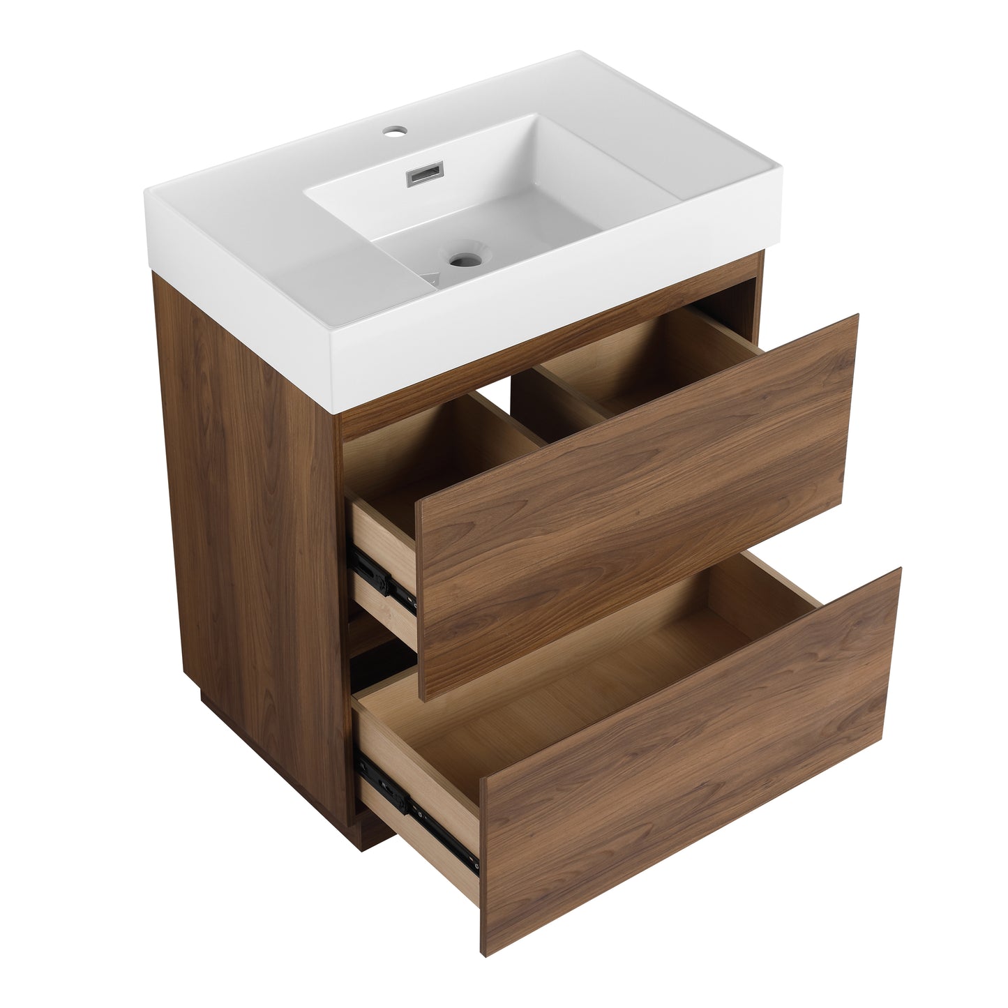 Modern walnut vanity with white ceramic top and two drawers open