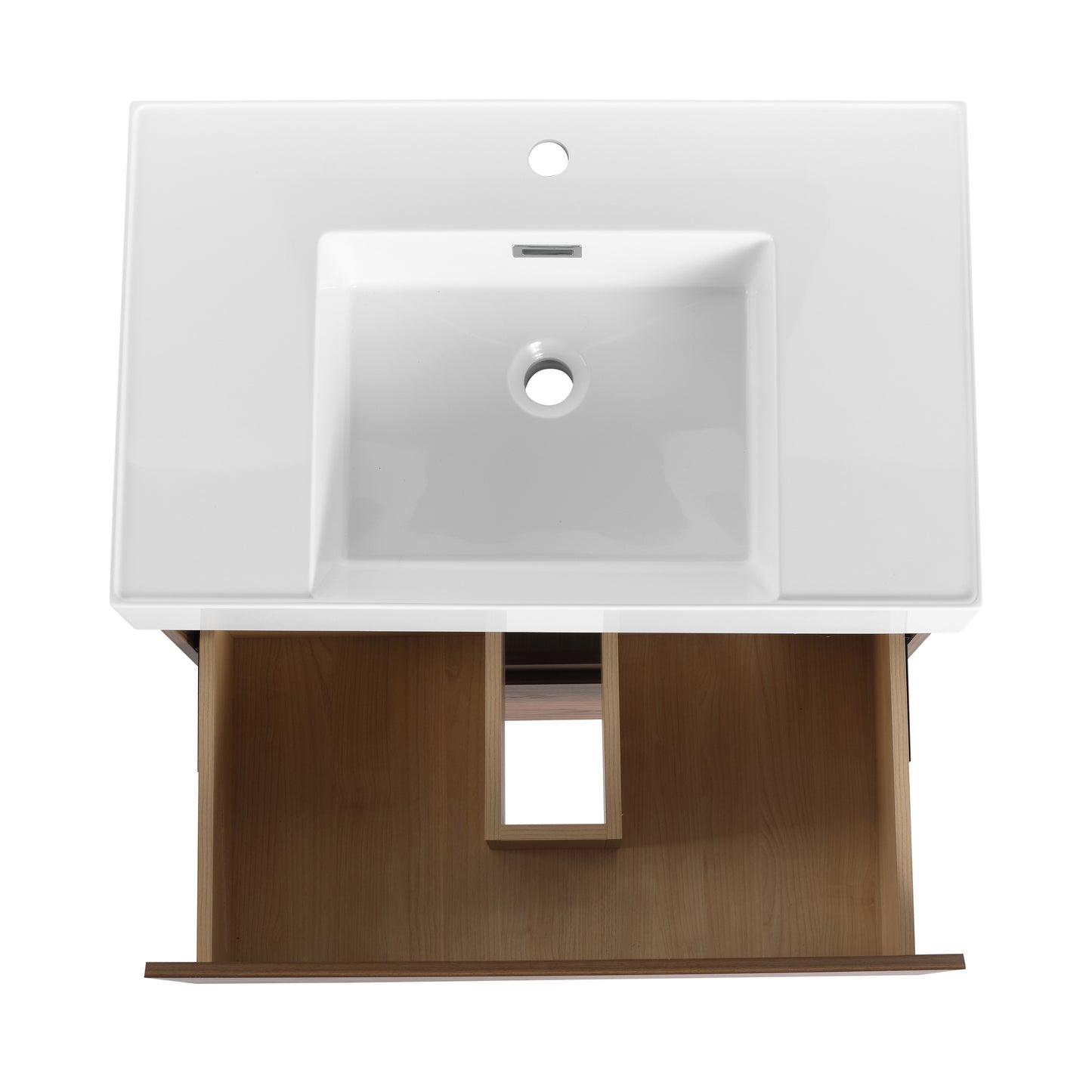 White ceramic bathroom sink with integrated wooden vanity drawer modern design