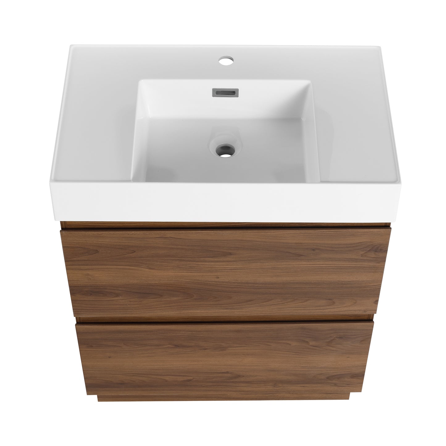 Modern wallmounted bathroom vanity with white ceramic sink and walnut veneer drawers