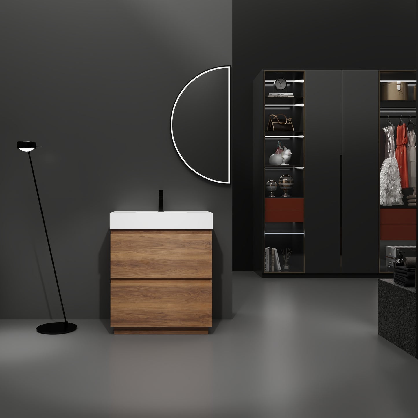 Modern walnut bathroom vanity with white countertop and sleek black faucet