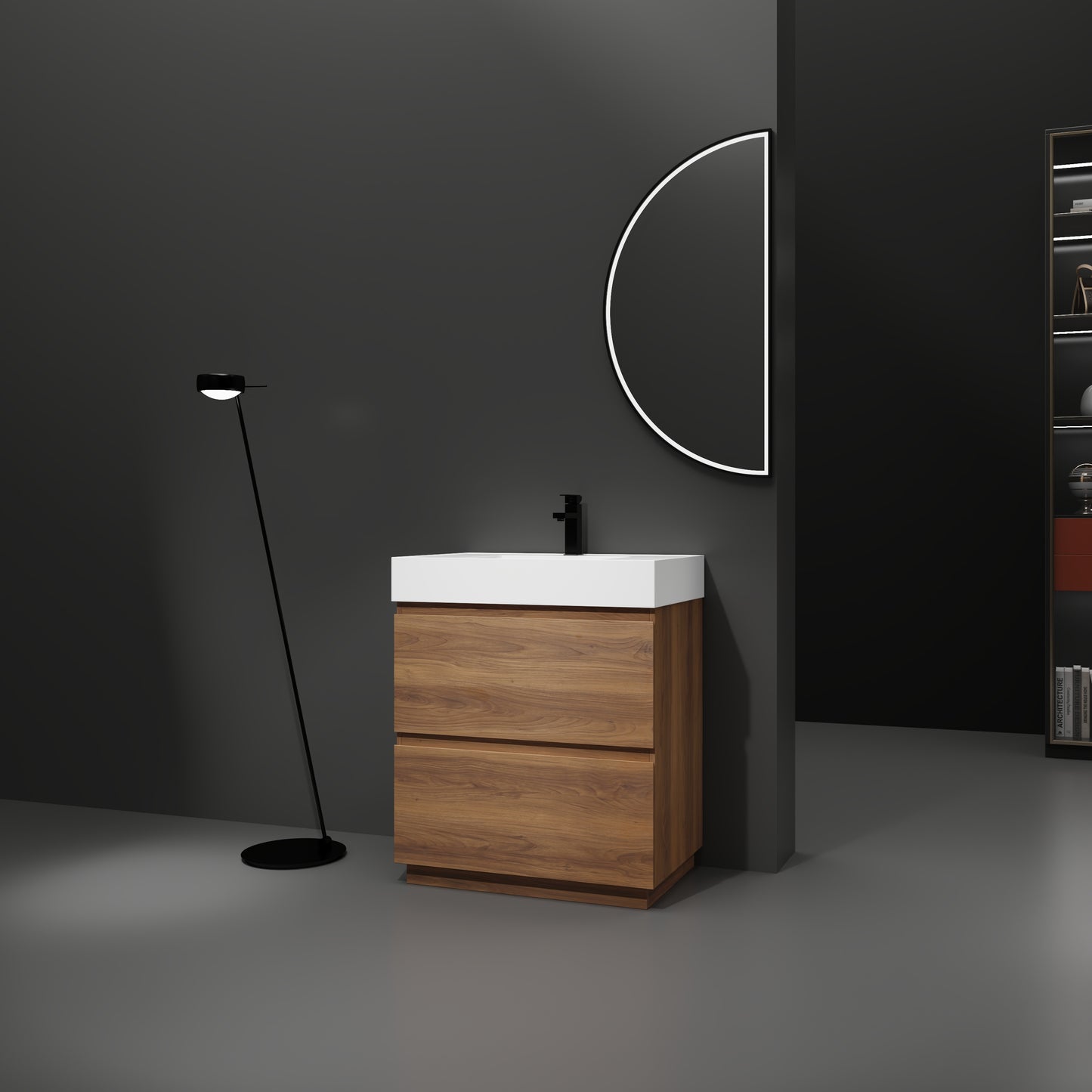 Modern walnut bathroom vanity with two drawers and white integrated sink