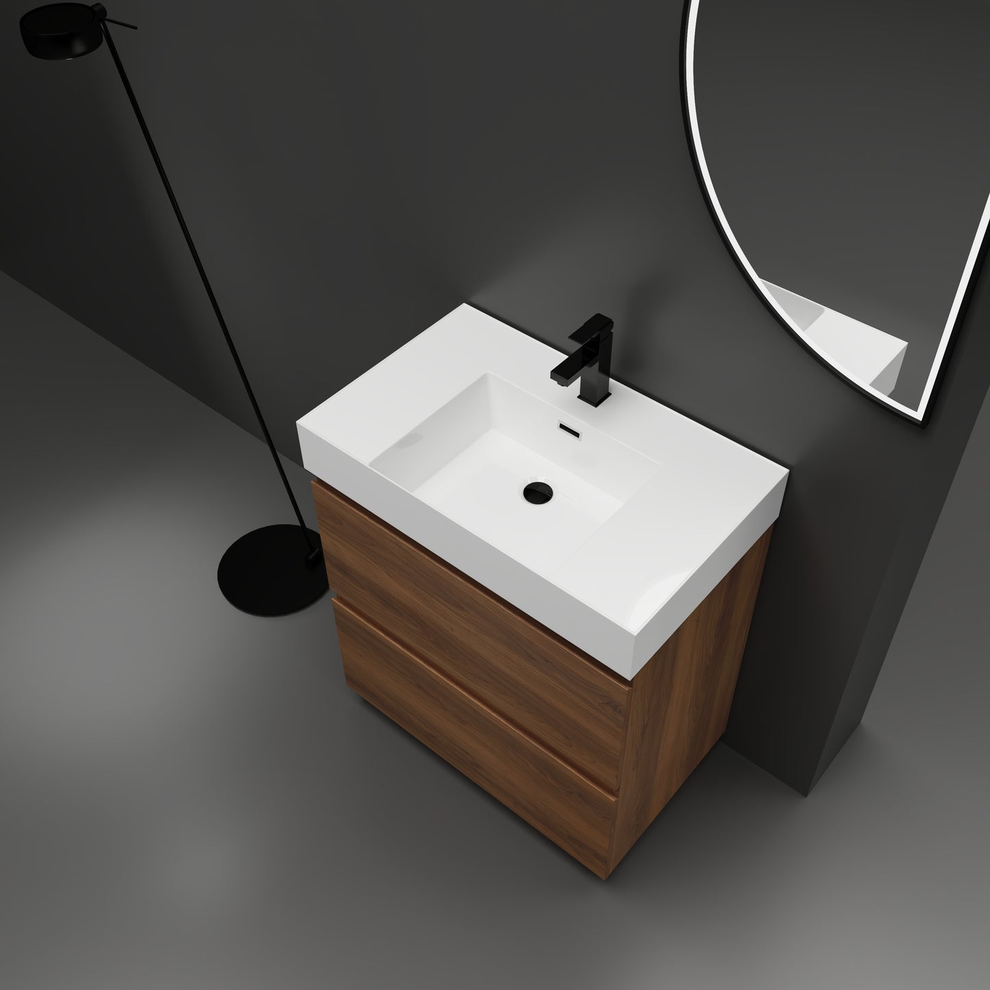 Modern floating bathroom vanity with a white integrated sink and black faucet