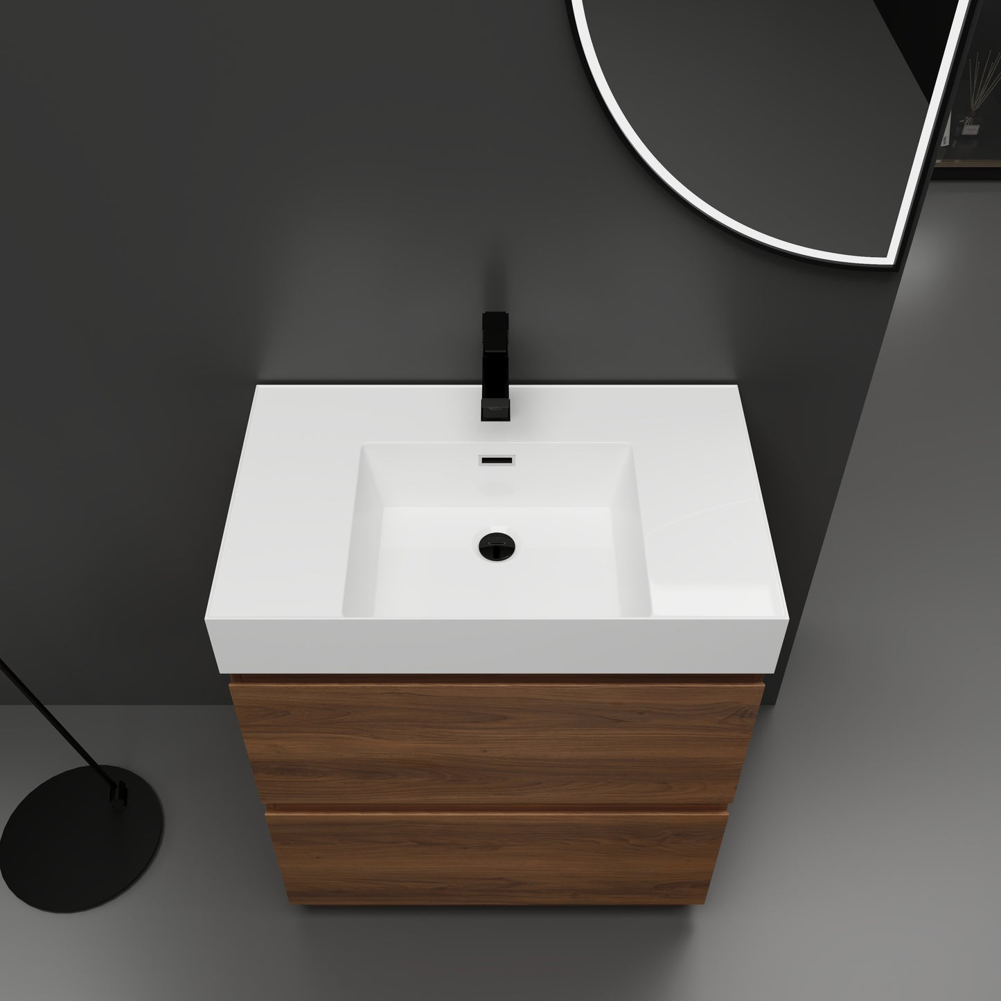 Modern walnut vanity with a white undermount sink and black faucet perfect for contemporary bathrooms