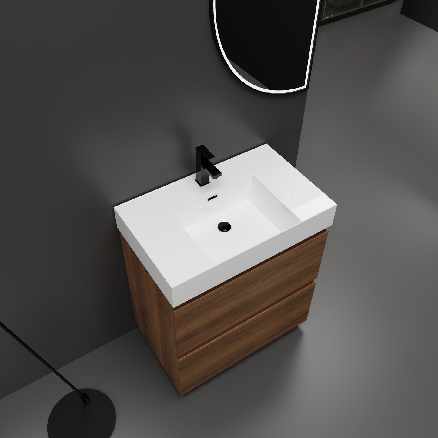 Modern walnut bathroom vanity with white integrated sink and black faucet