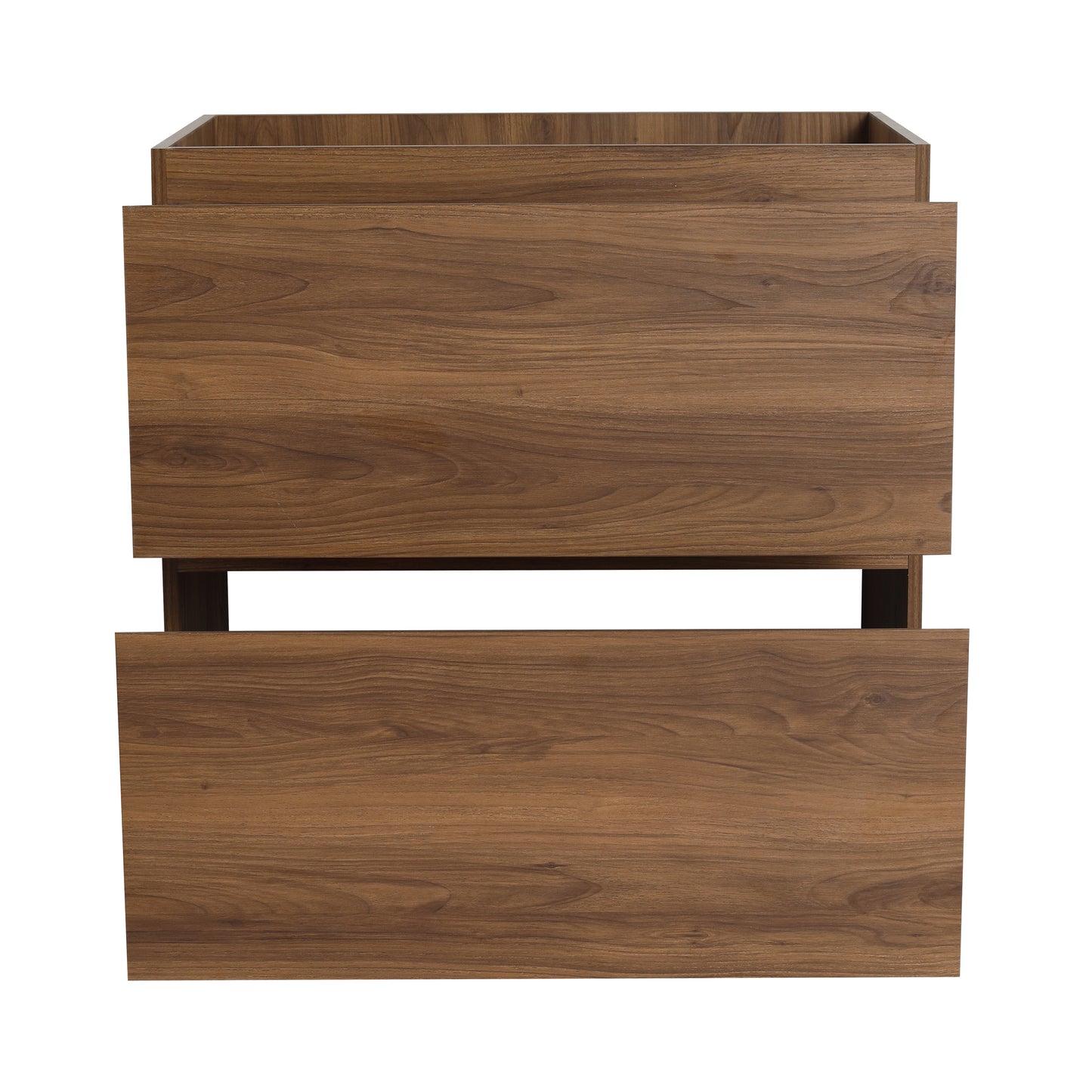 Modern walnut wood vanity cabinet with two drawers clean lines and a minimalist design