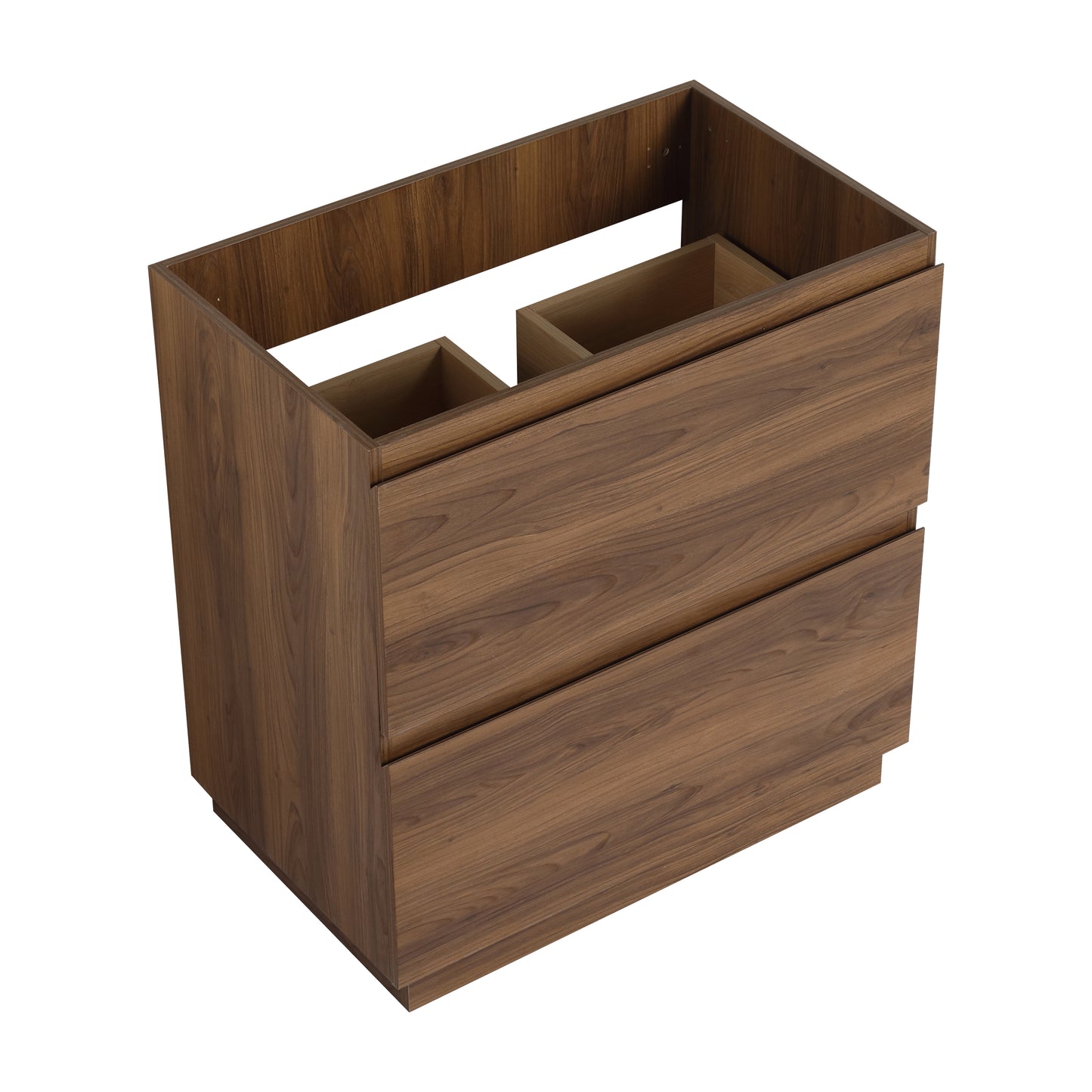 Walnut finish bathroom vanity cabinet with two drawers and open shelves