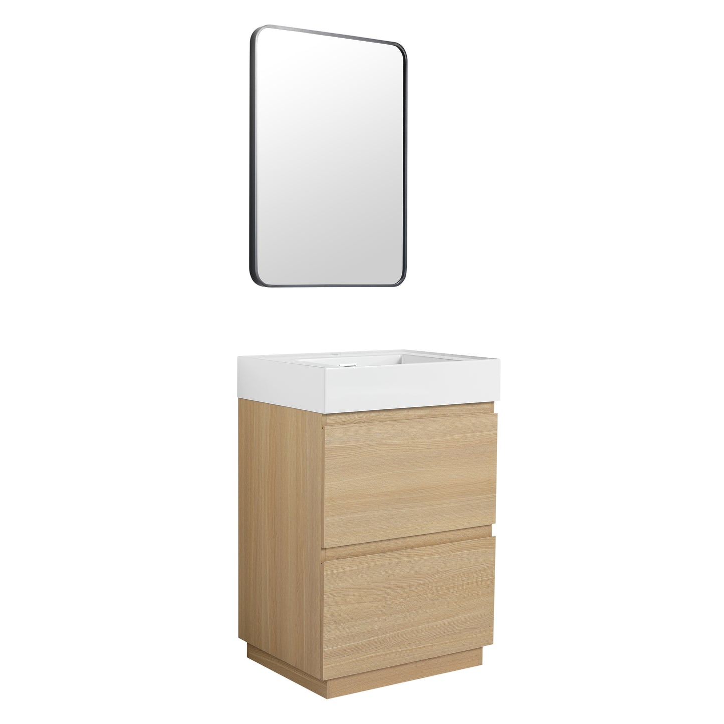 Modern white rectangular vessel sink vanity with light oak wood drawers