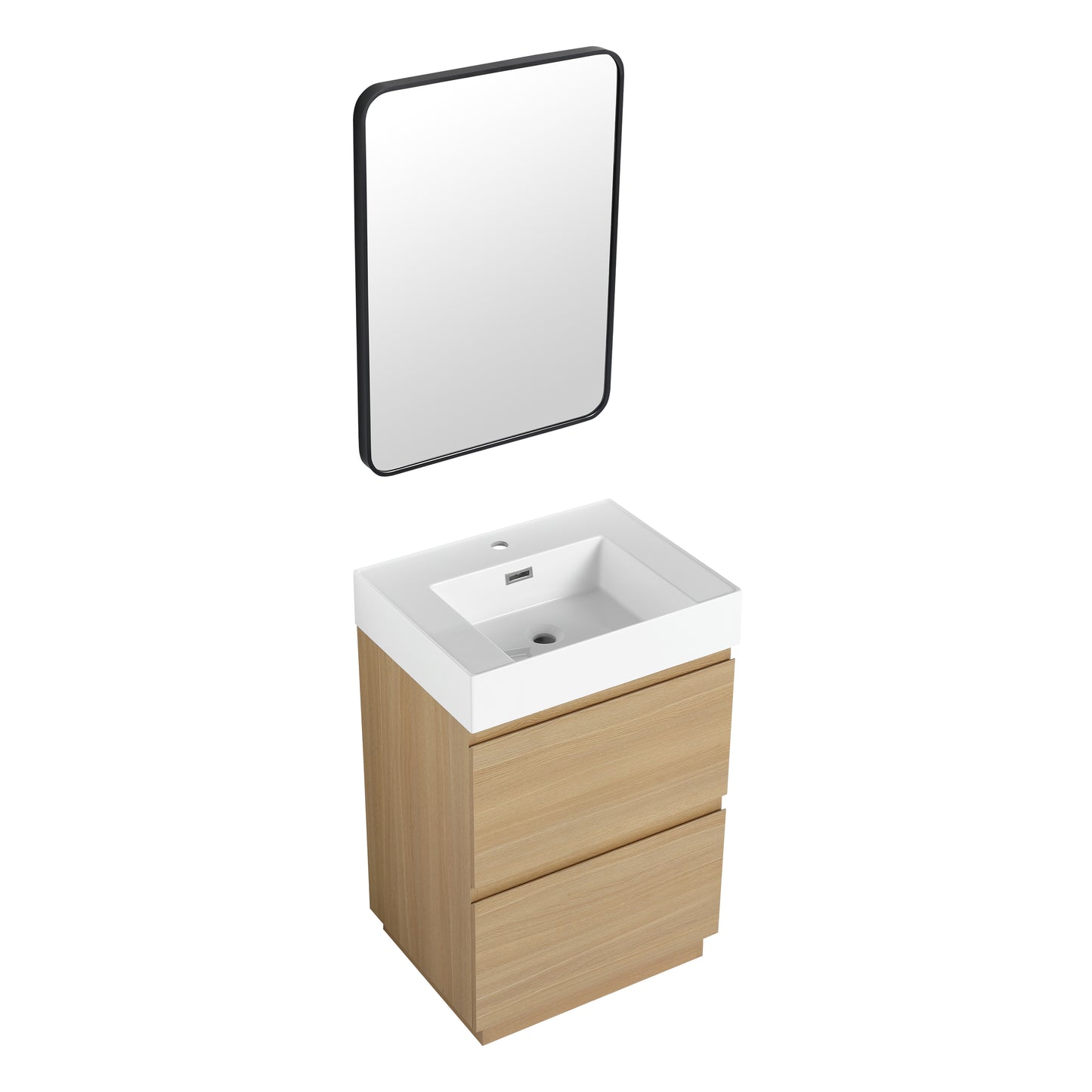 Modern oak bathroom vanity with white ceramic sink and rectangular black framed mirror for sale