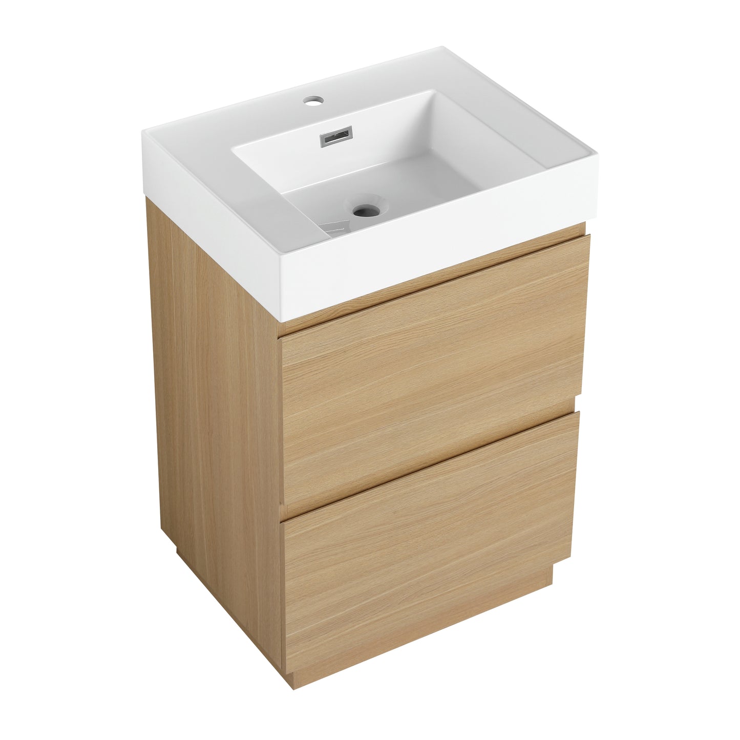 Modern white ceramic sink with light oak vanity and two drawers