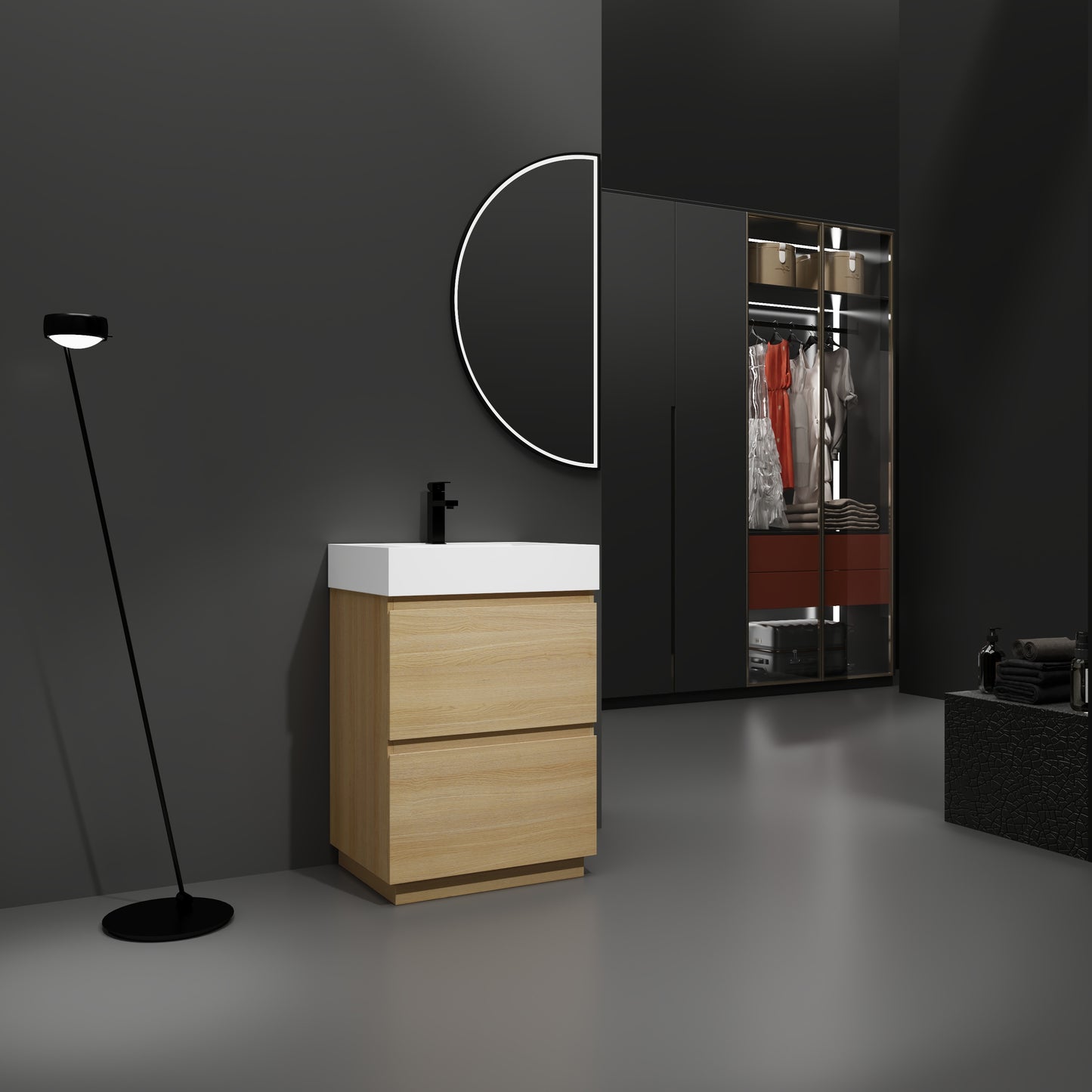 Modern oak wood vanity with white countertop and black faucet