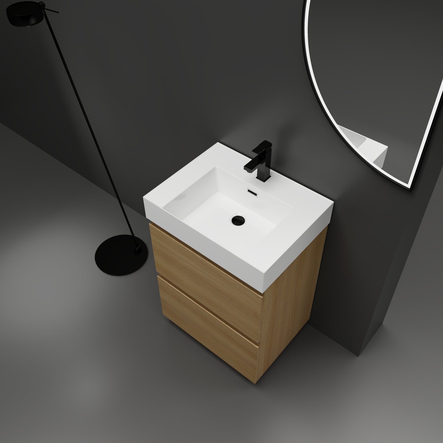 Modern oak vanity with white sink and black faucet ideal for contemporary bathrooms