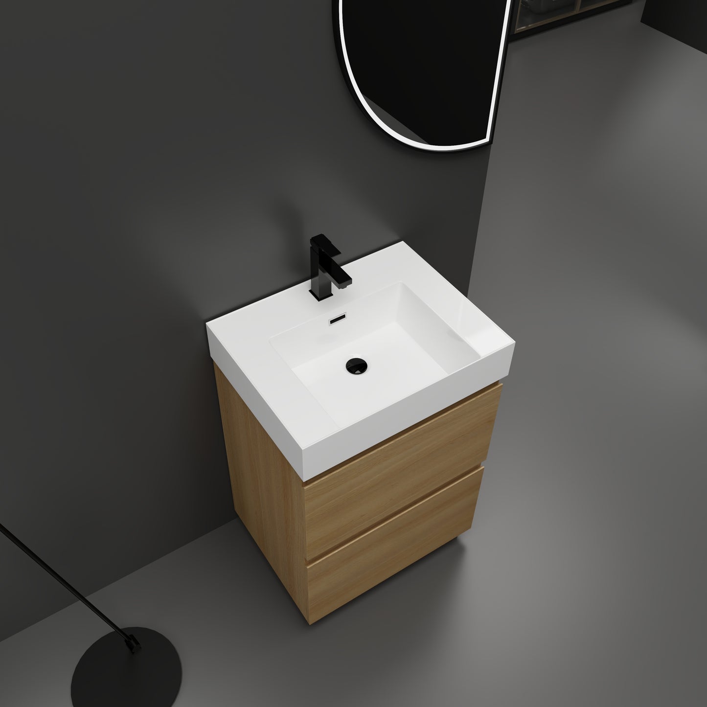 Modern white bathroom vanity with natural wood drawers and black faucet