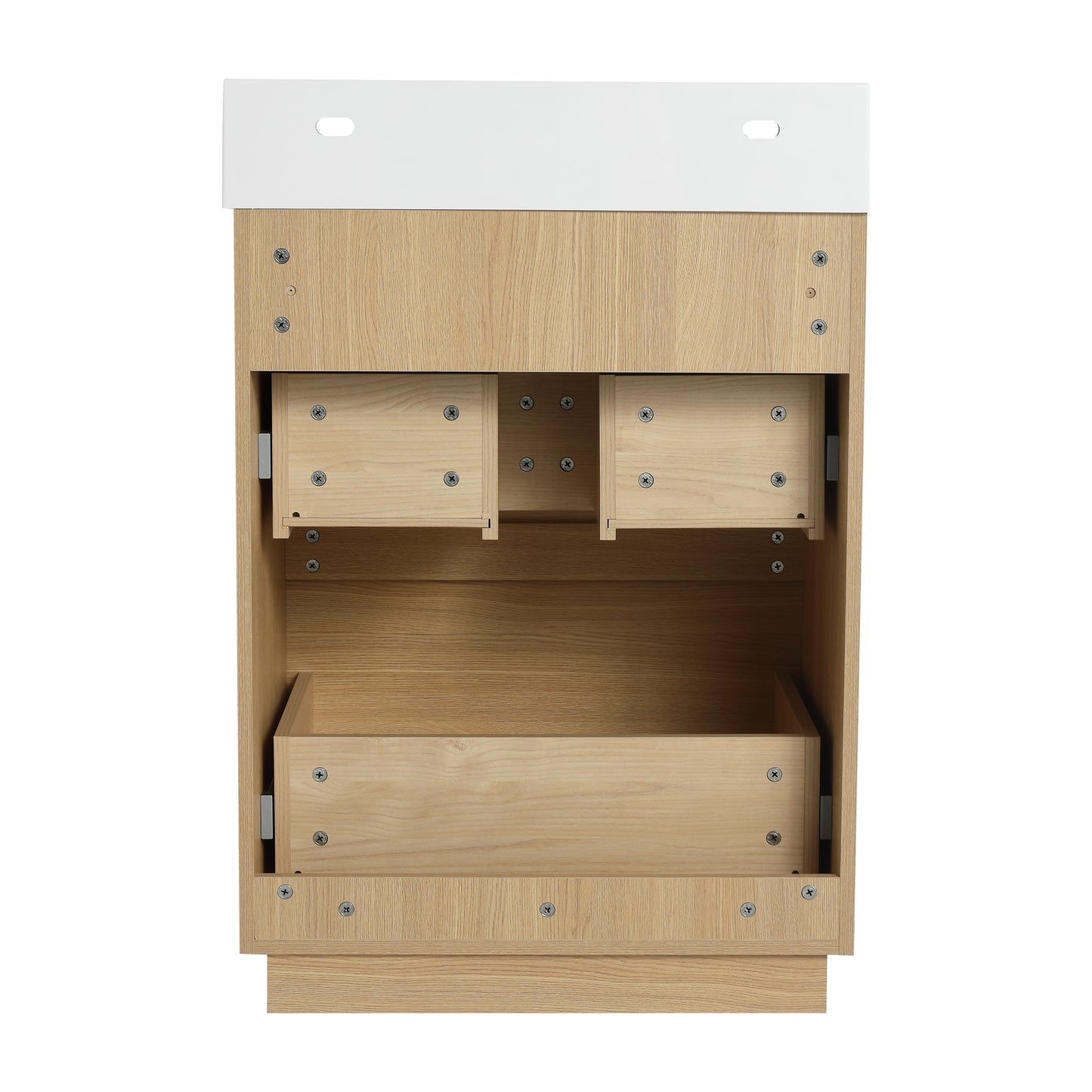 Light oak bathroom vanity cabinet with white top and three open drawers