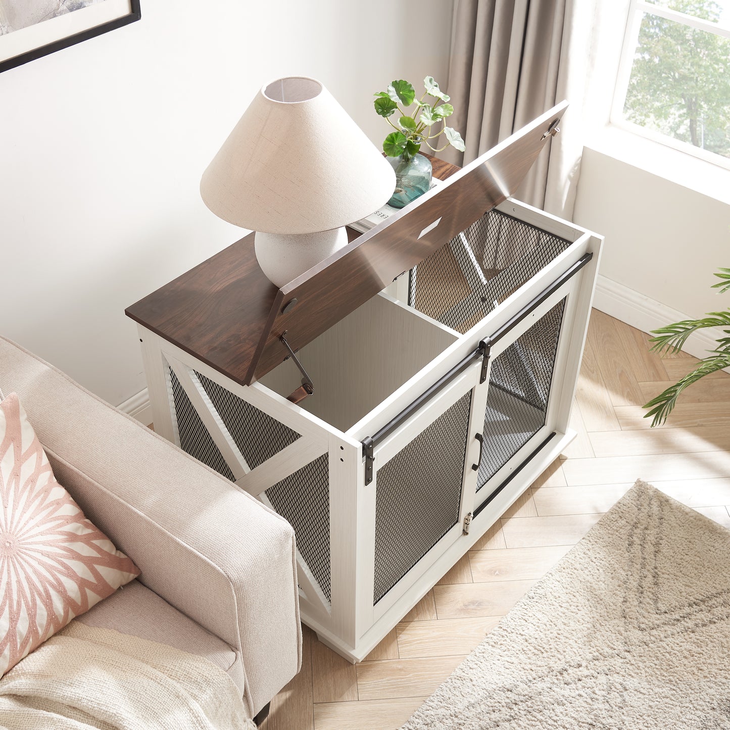 White wooden dog crate with dark wood top and mesh doors functional furniture piece