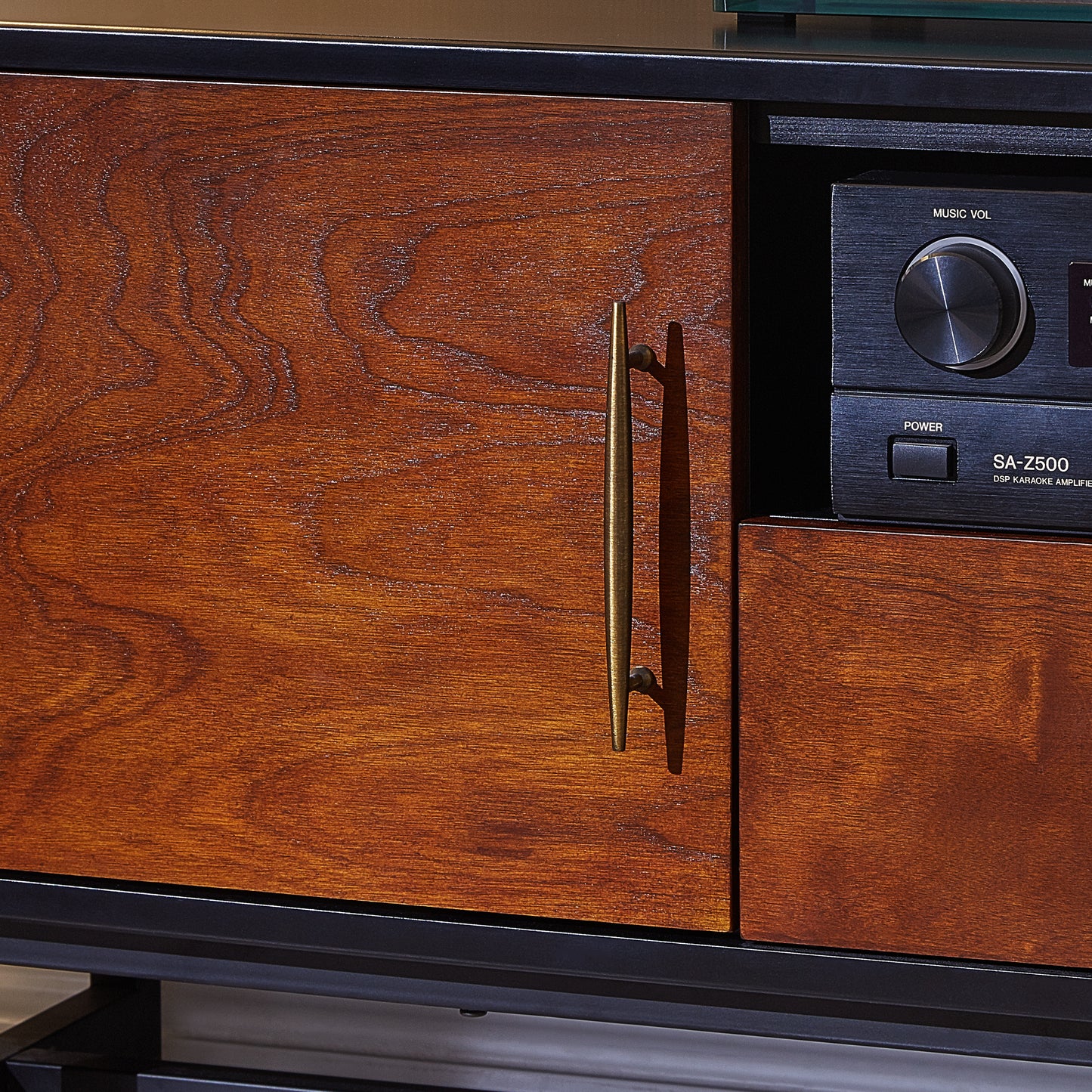 Rich cherry wood cabinet door with brushed brass handle