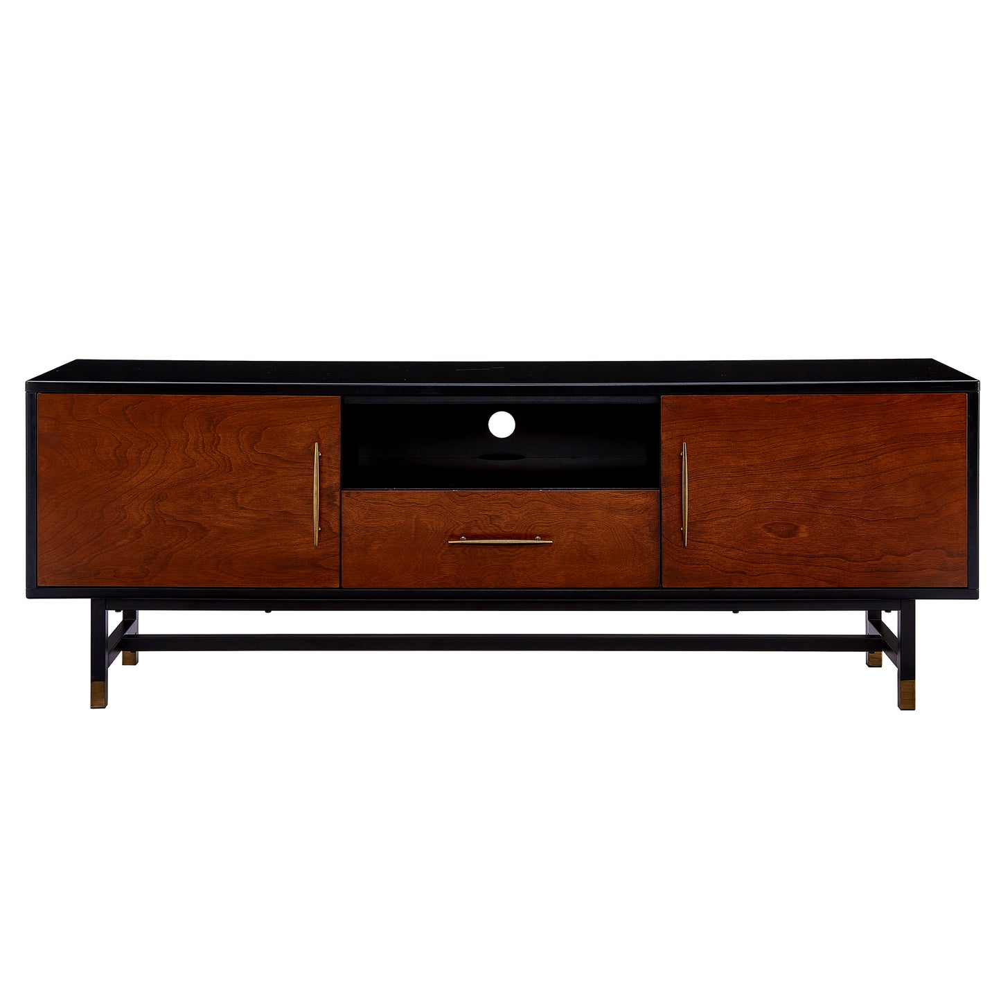 Midcentury modern TV stand with cherry wood finish black top and brass handles