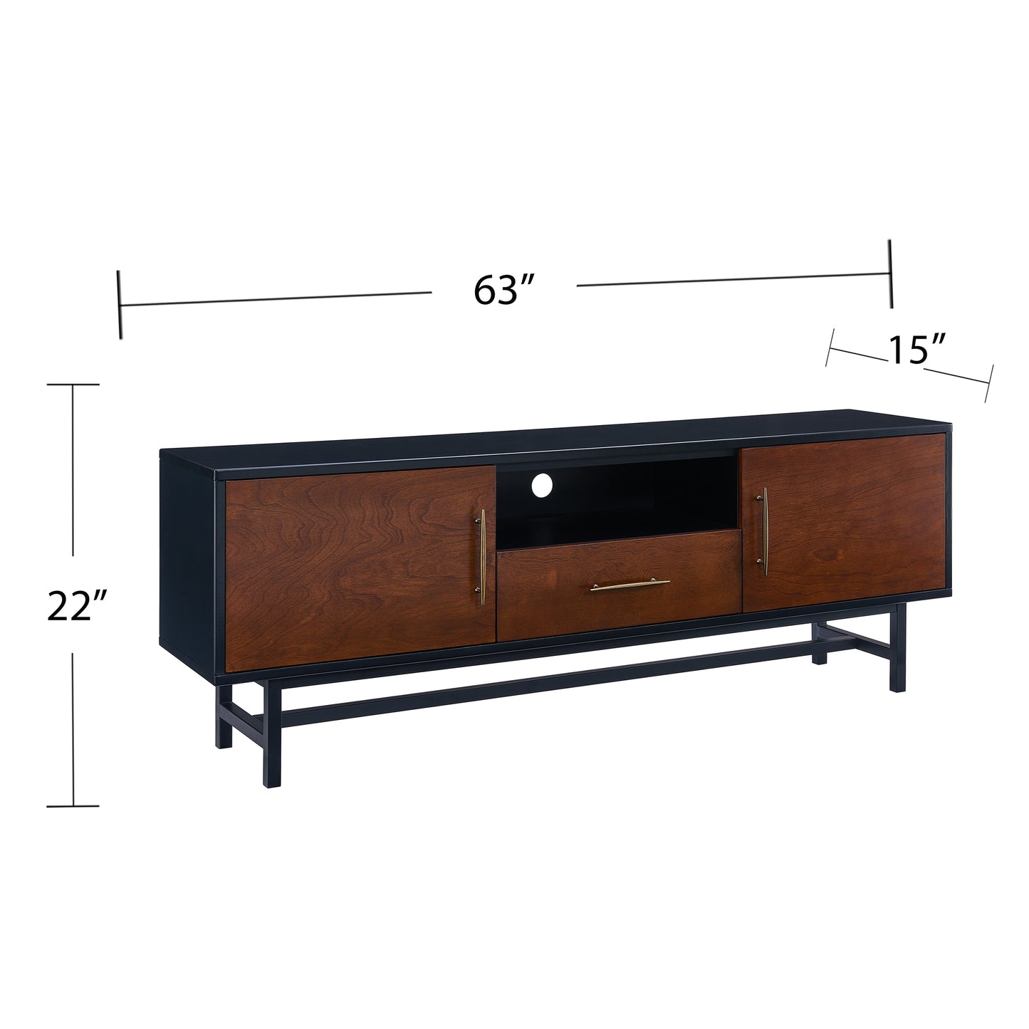 Modern media console in dark blue and rich walnut wood with brass hardware and slender metal legs
