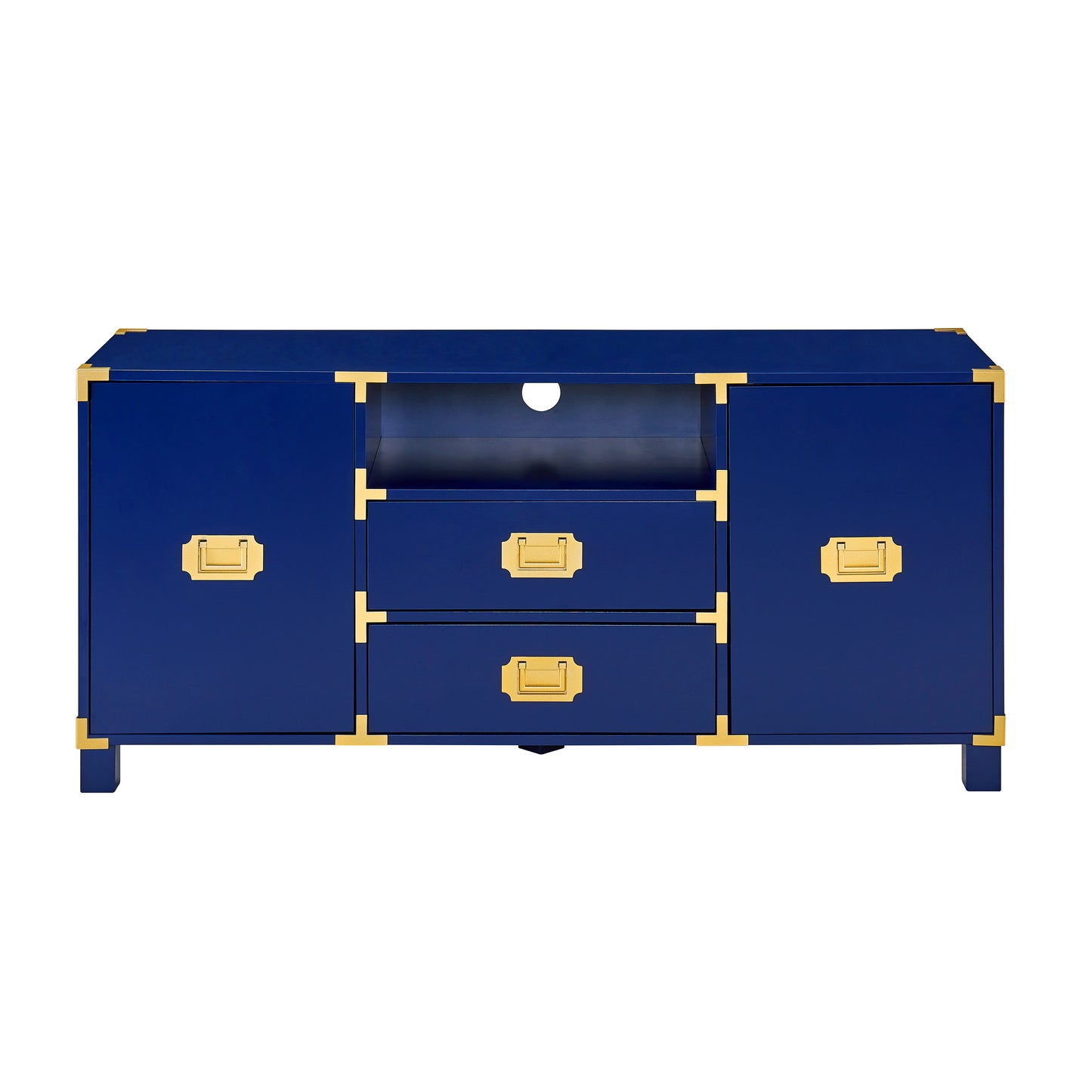 Navy blue campaign media console with brass hardware and two drawers