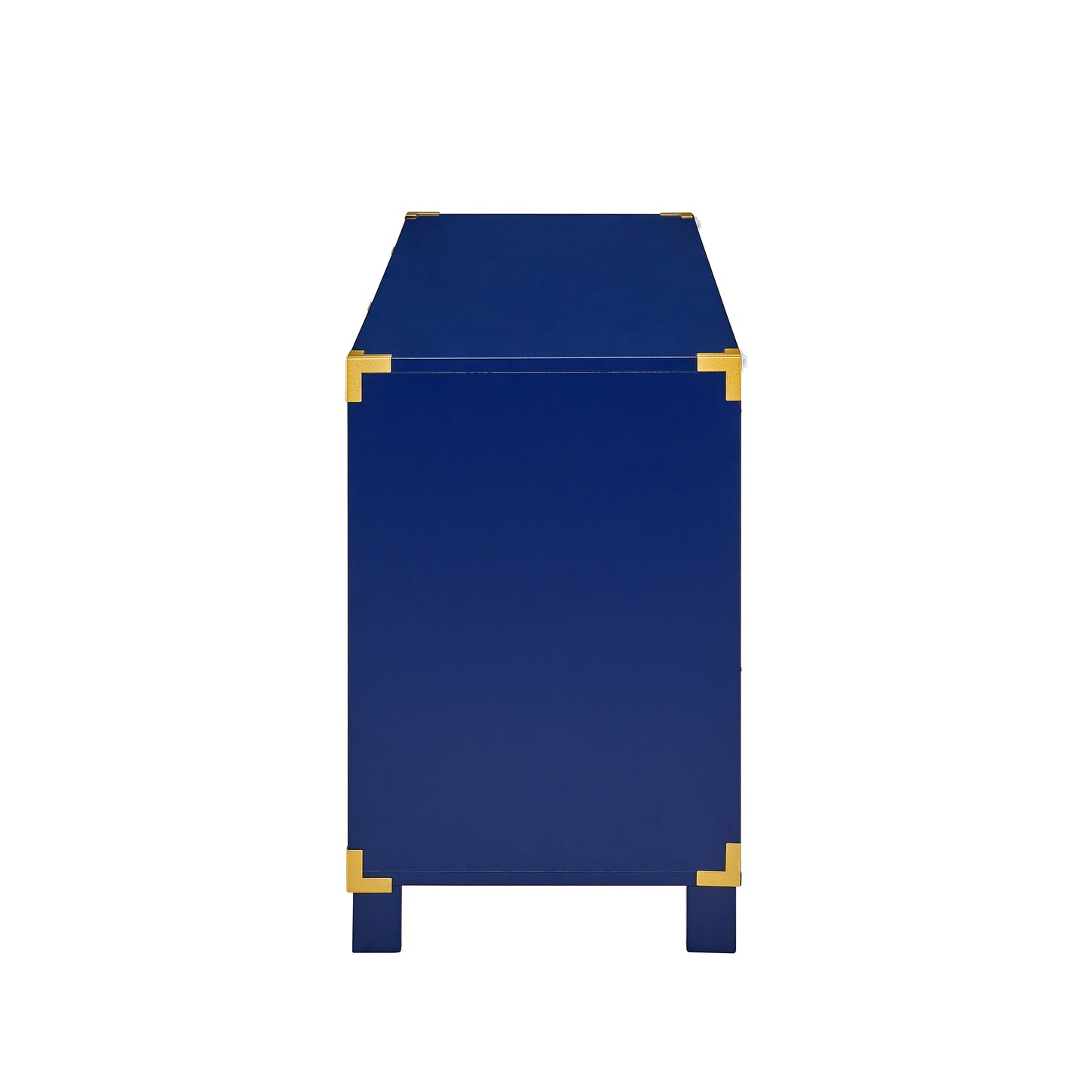 Deep blue campaign dresser with brass corner details and classic styling