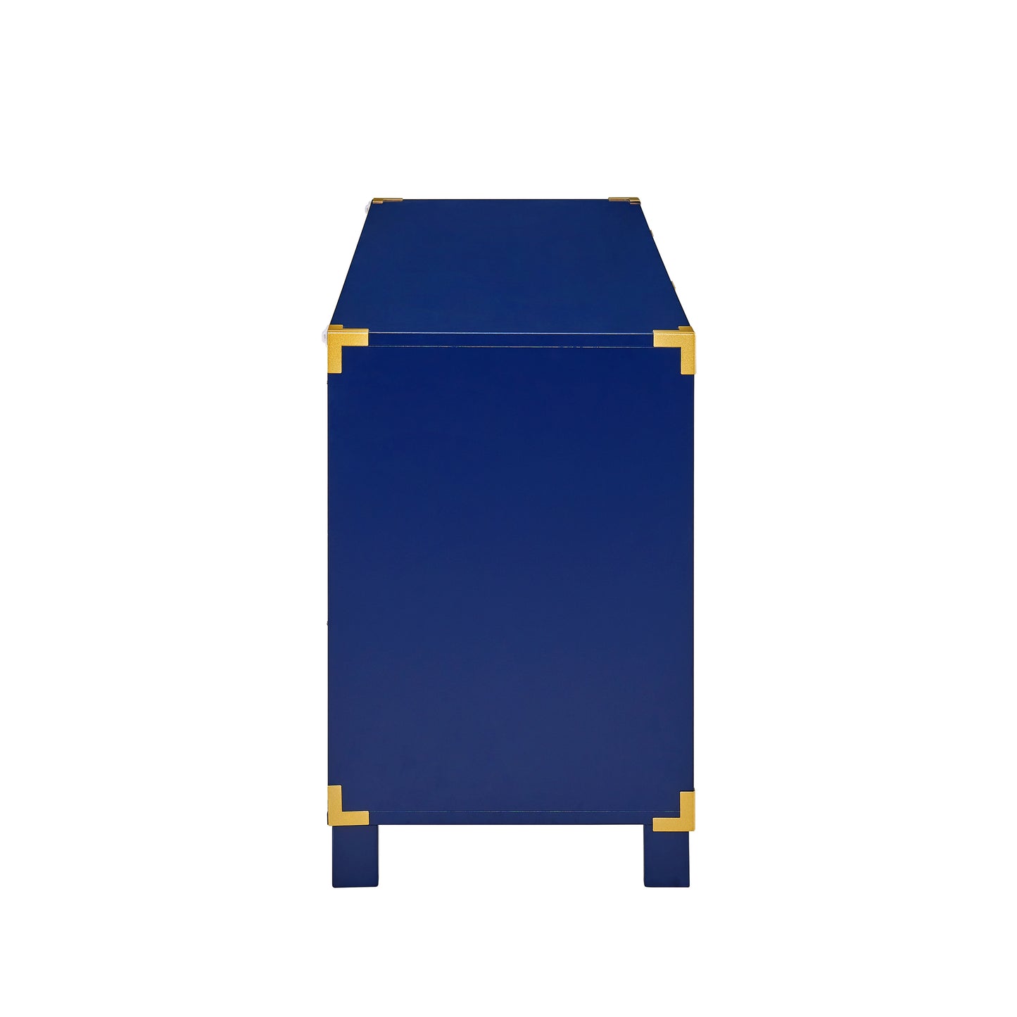 Sleek navy blue campaign chest with brass corner accents ideal for storage