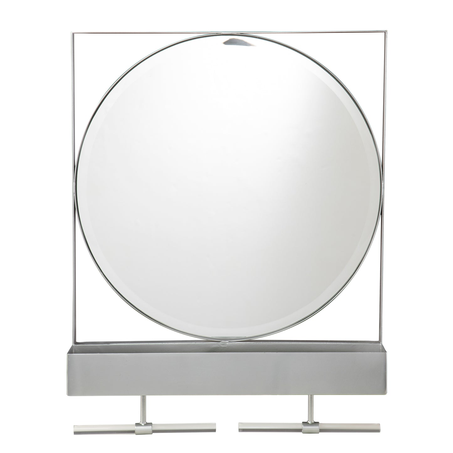Round vanity mirror with brushed nickel frame and integrated tray perfect for makeup application
